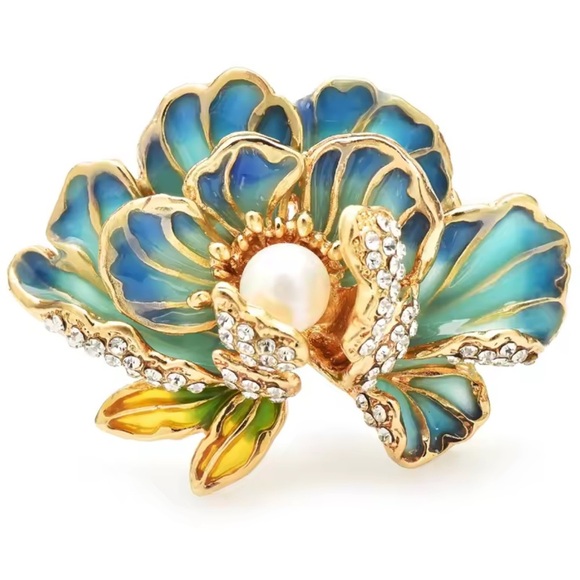 Blue Lotus Floral Pearl Brooch - Picture 5 of 6
